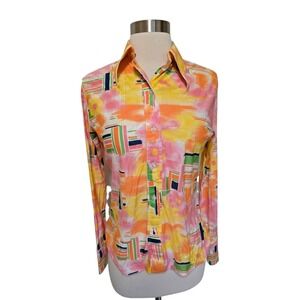 1970s Vintage Womens Blouse Button Down Long Sleeve Shirt Bright Mod Print Sears